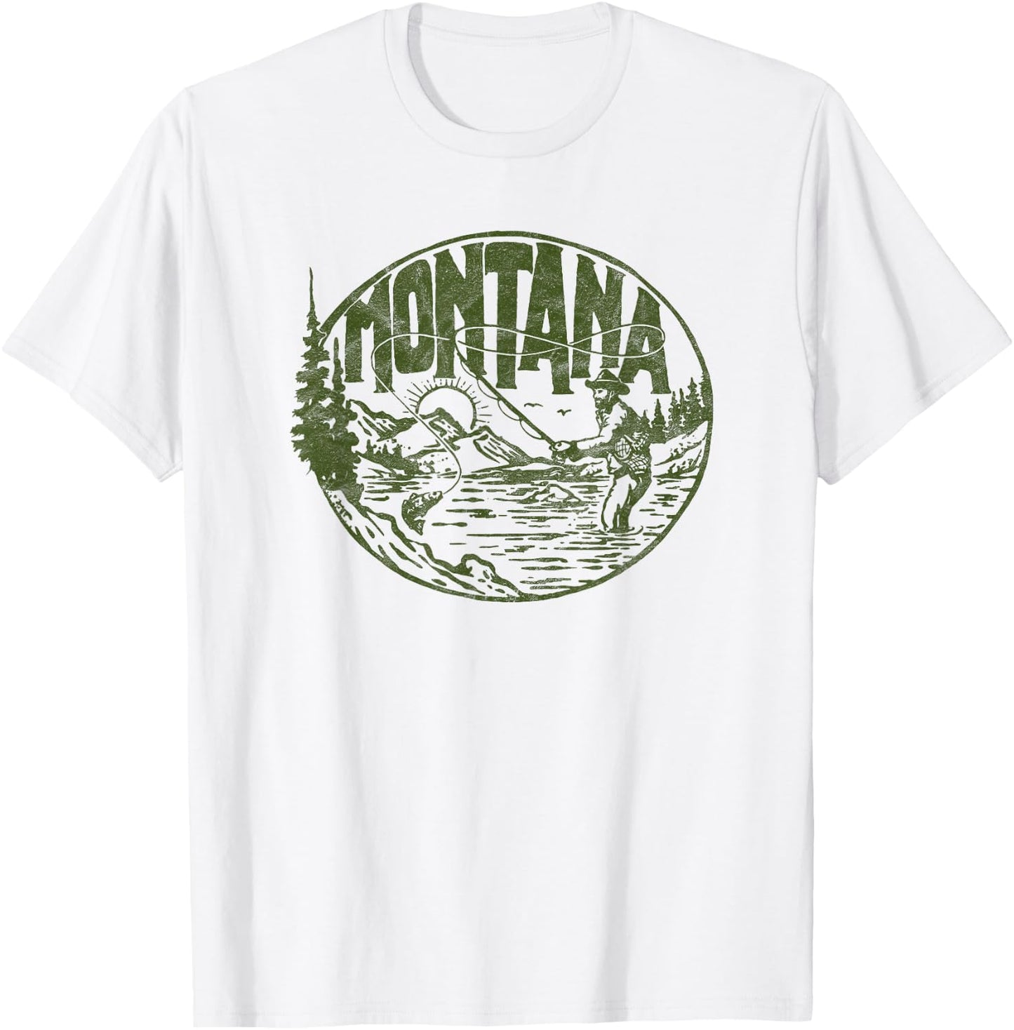 Montana Vintage Fly Fishing Retro Trout Stream Outdoor T-Shirt - T-Shirt | White