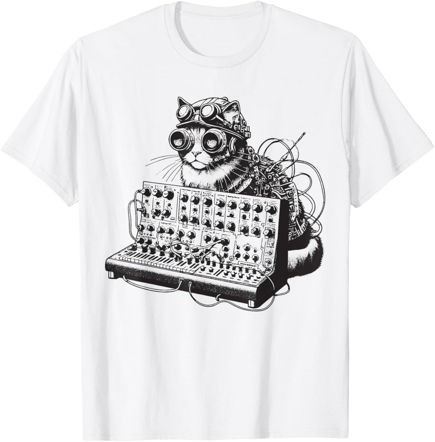 Steampunk Cat playing Synthesizer Synth Kitten Techno Music Men Women T-Shirt - T-Shirt | White