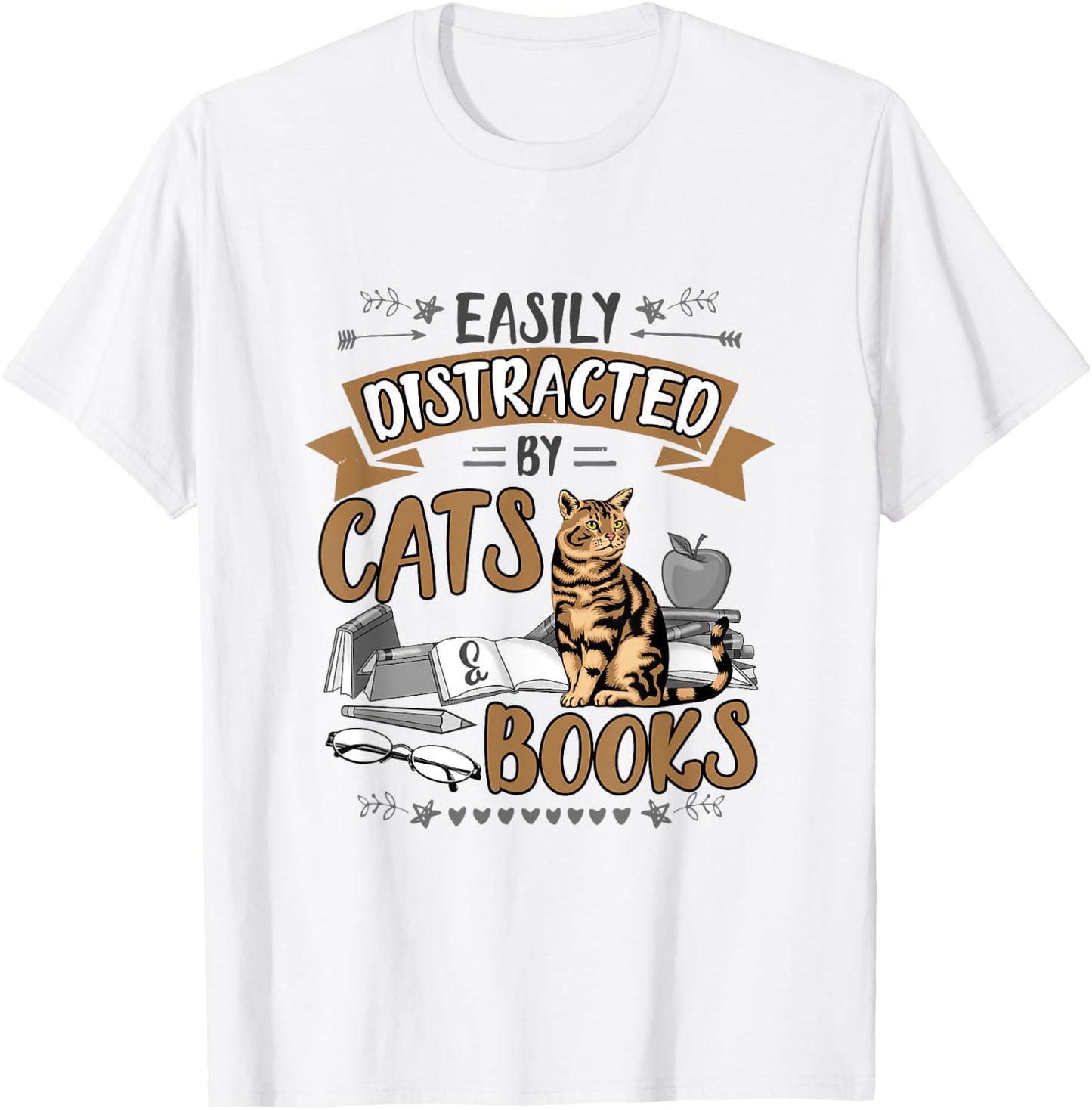 Easily Distracted by Cats and Books Men Women Cat Lovers T-Shirt - T-Shirt | White