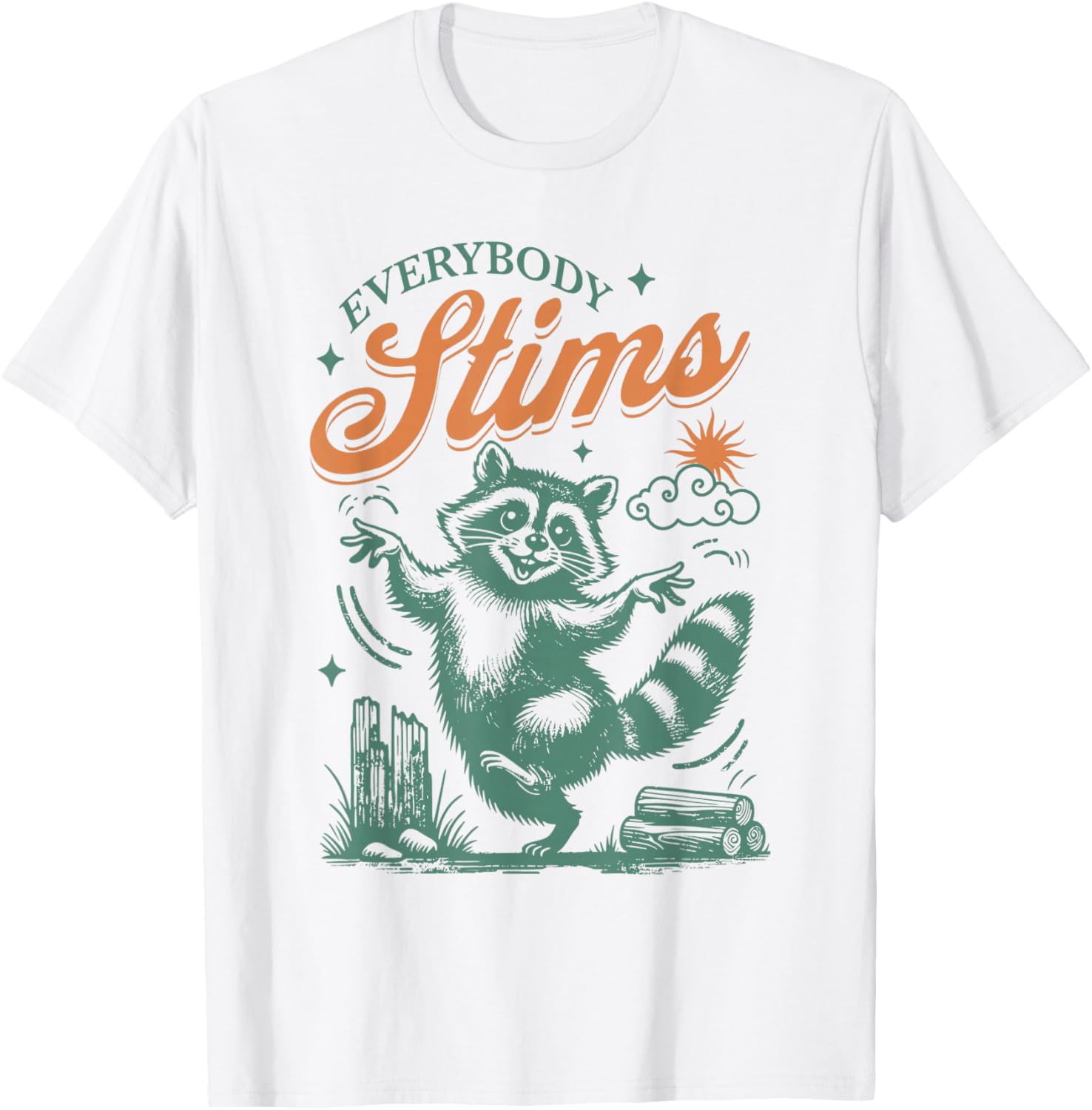 Everybody Stims SPED Teacher Autism Awareness Raccoon Print T-Shirt - T-Shirt | White