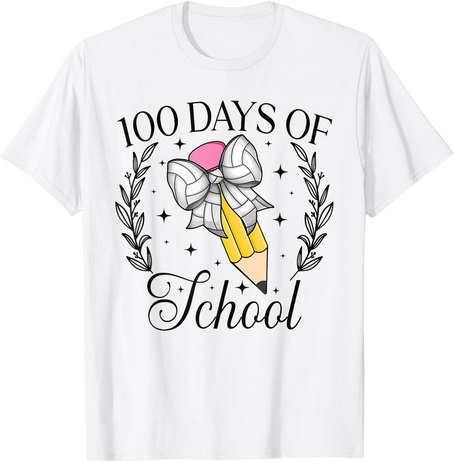 100 Days Of School Volleyball Coquette Pencil Bow 100th Day T-Shirt - T-Shirt | White