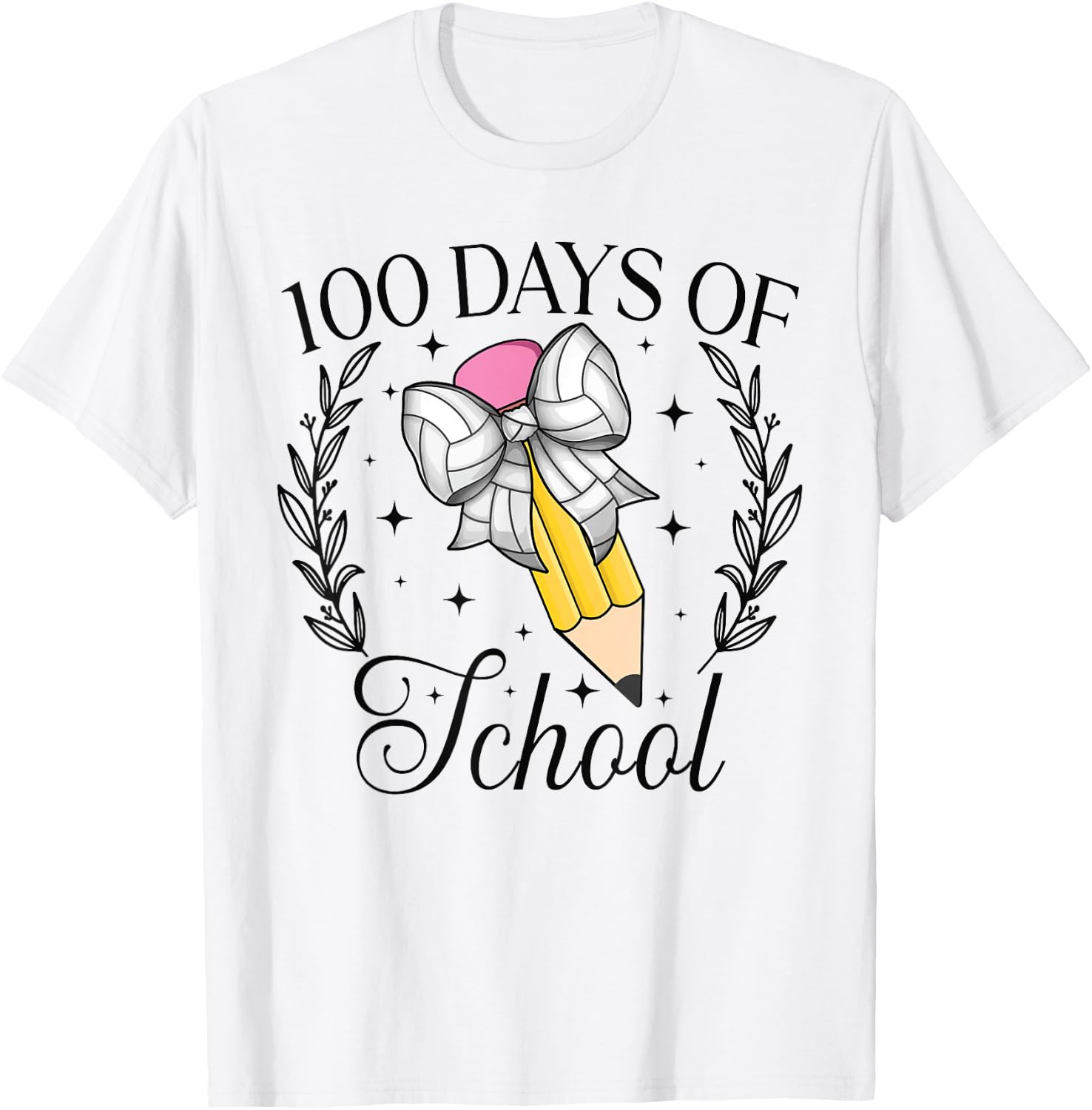 100 Days Of School Volleyball Coquette Pencil Bow 100th Day T-Shirt - T-Shirt | White