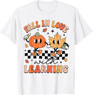 Retro Fall In Love With Learning Autumn Pumpkin Teacher T-Shirt - T-Shirt | White