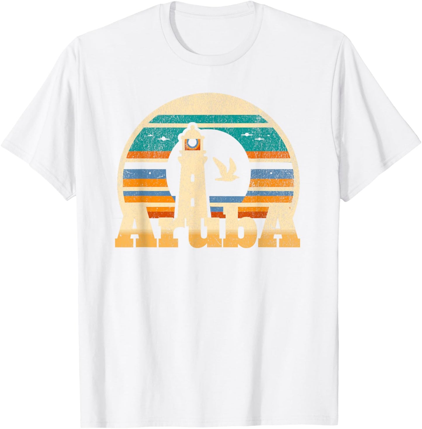 One Happy Island Aruba Shirt Retro Sunset Lighthouse Vintage T-Shirt - T-Shirt | White
