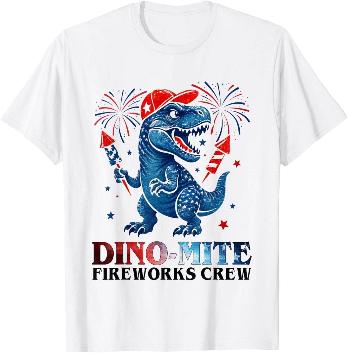 Dino-Mite Fireworks Crew Dinosaur USA Flag 4th Of July Kids T-Shirt - T-Shirt | White