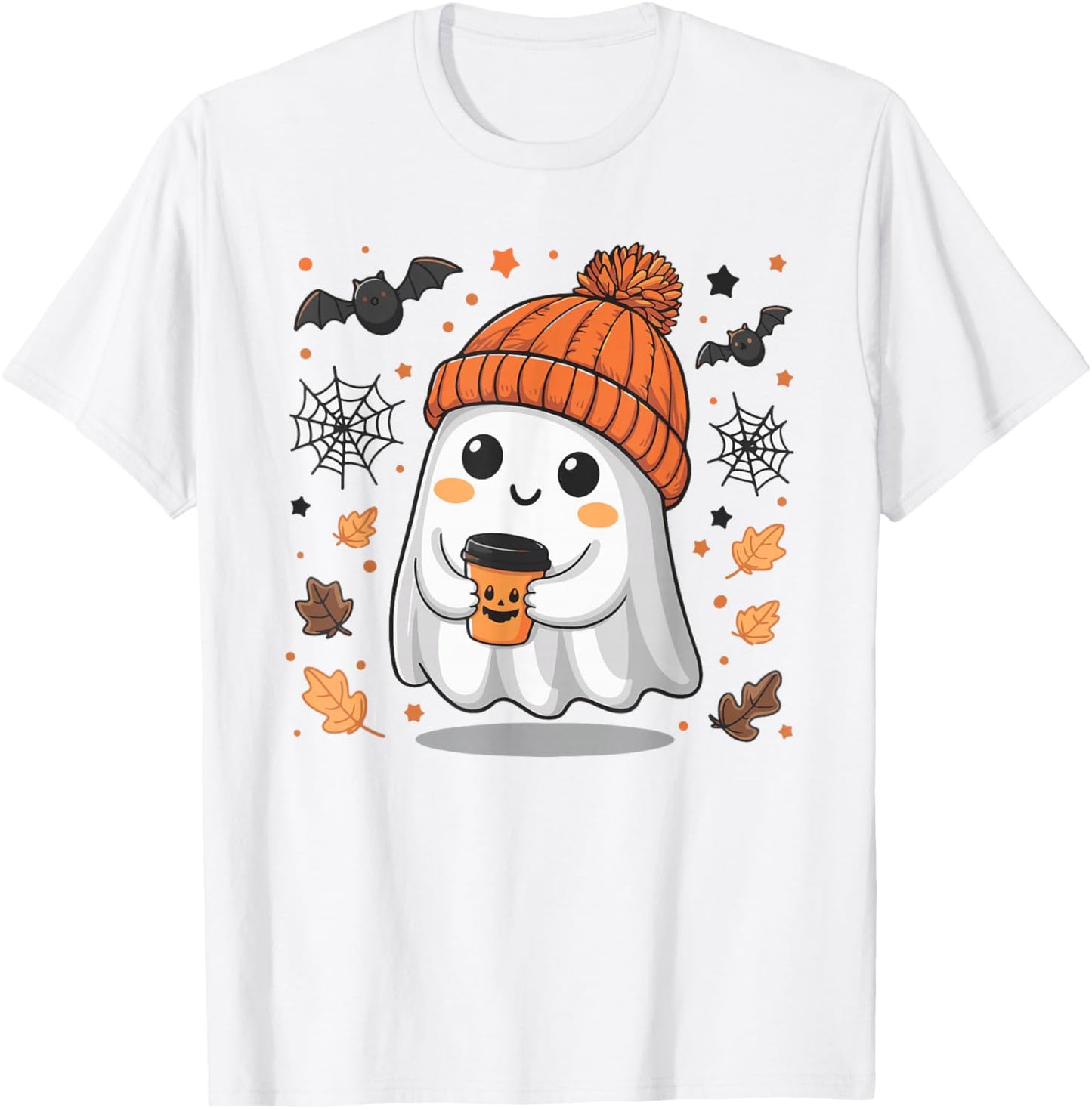 Cute Ghost Drinking Coffee Halloween Ghost Ice Coffee T-Shirt - T-Shirt | White