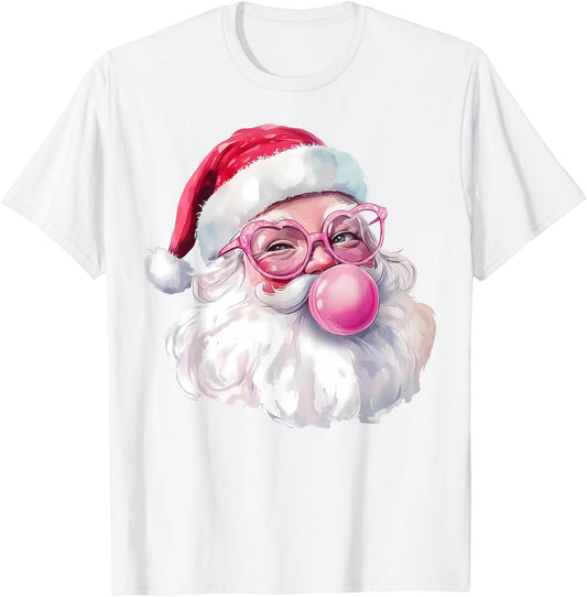 Santa Claus Blowing Bubble Gum Pink Sunglasses Christmas T-Shirt - T-Shirt | White