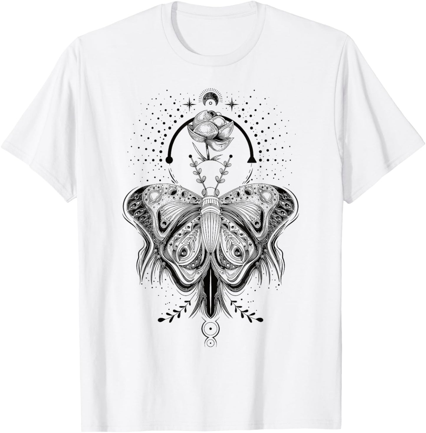 Floral Moth Butterfly Flower Celestial Geometry T-Shirt - T-Shirt | White