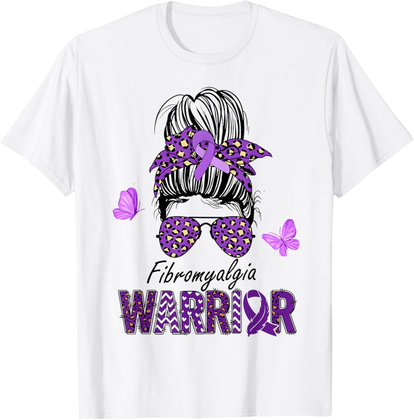 Fibromyalgia Awareness Messy Bun Purple Ribbon warrior T-Shirt - T-Shirt | White