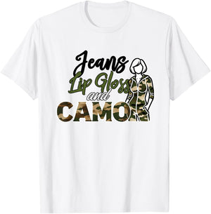Jeans Lip Gloss Camo Sayings Graphic Orange T-Shirt - T-Shirt | White