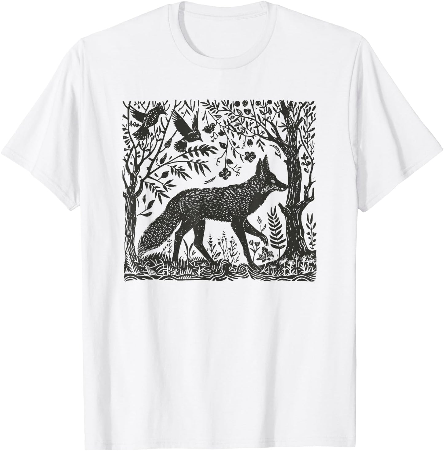 Folklore Forest Fox Lino Print T-Shirt - T-Shirt | White