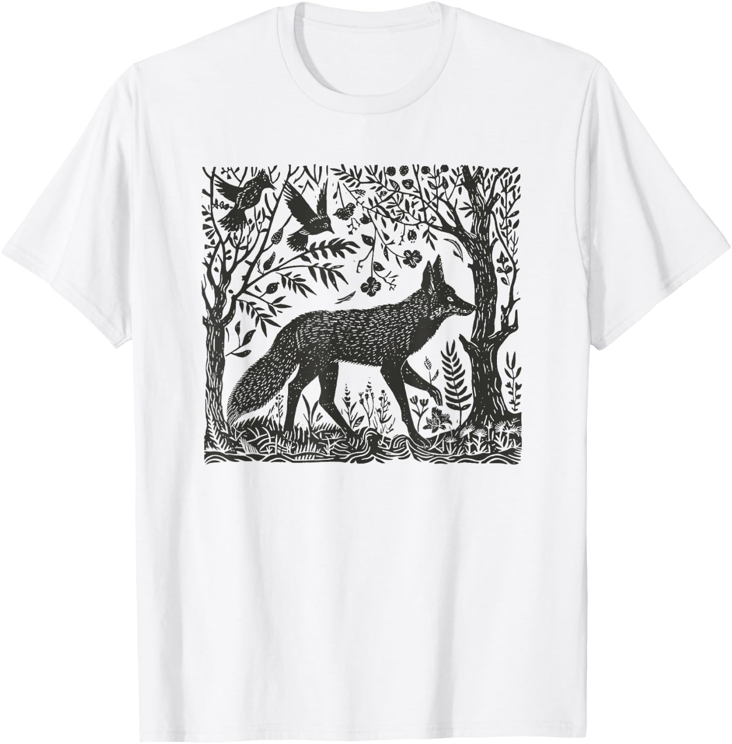 Folklore Forest Fox Lino Print T-Shirt - T-Shirt | White