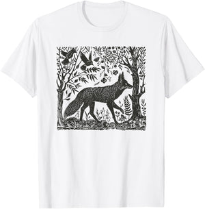 Folklore Forest Fox Lino Print T-Shirt - T-Shirt | White