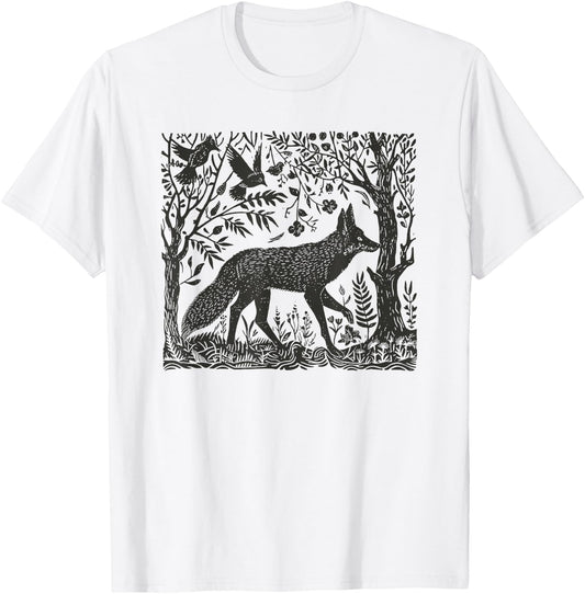 Folklore Forest Fox Lino Print T-Shirt - T-Shirt | White