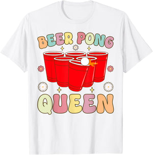 Beer Pong Queen Groovy Beer Pong Girl Player Drinking Game T-Shirt - T-Shirt | White