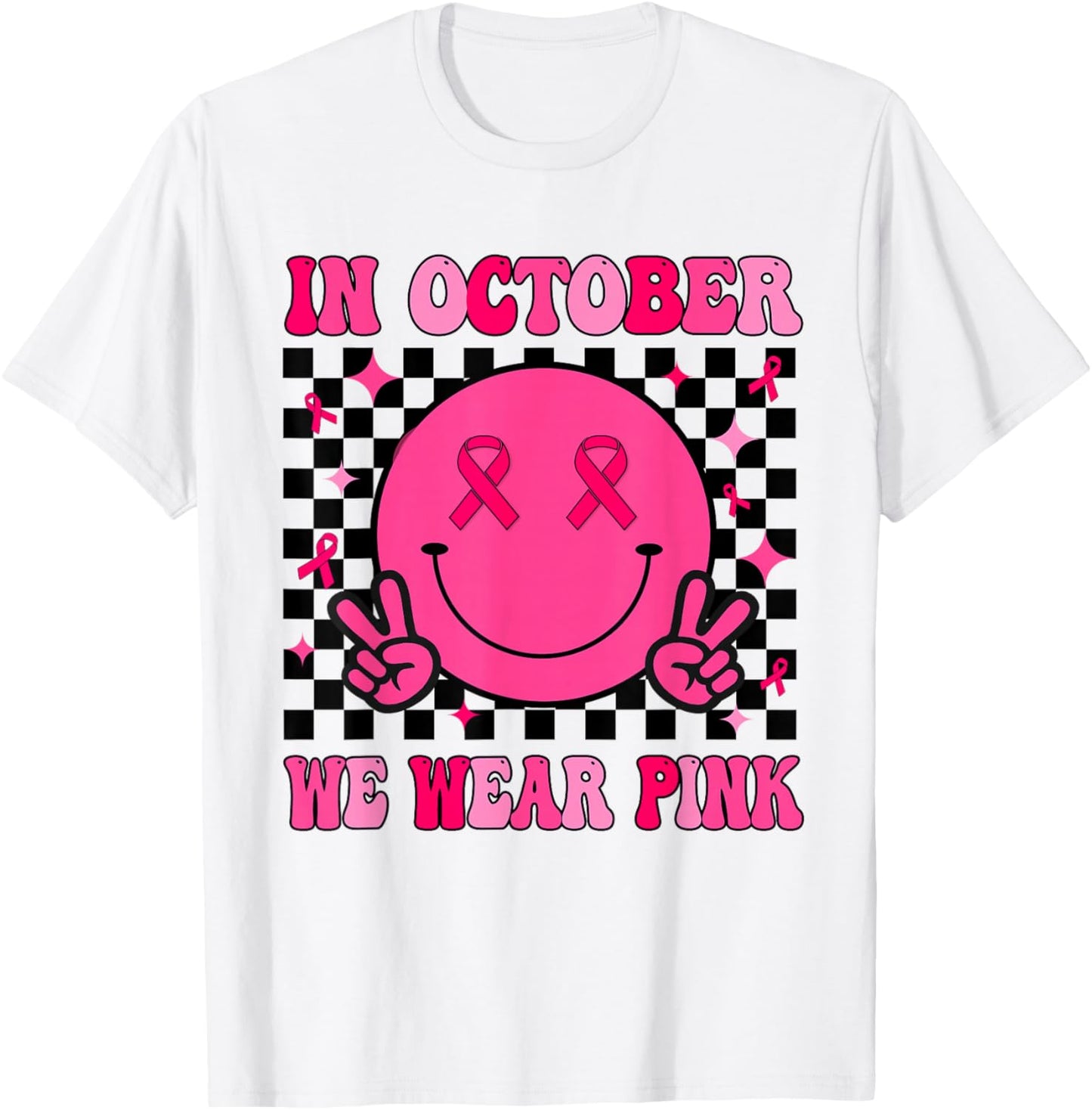 Groovy Breast Cancer Awareness In October We Wear Pink T-Shirt - T-Shirt | White