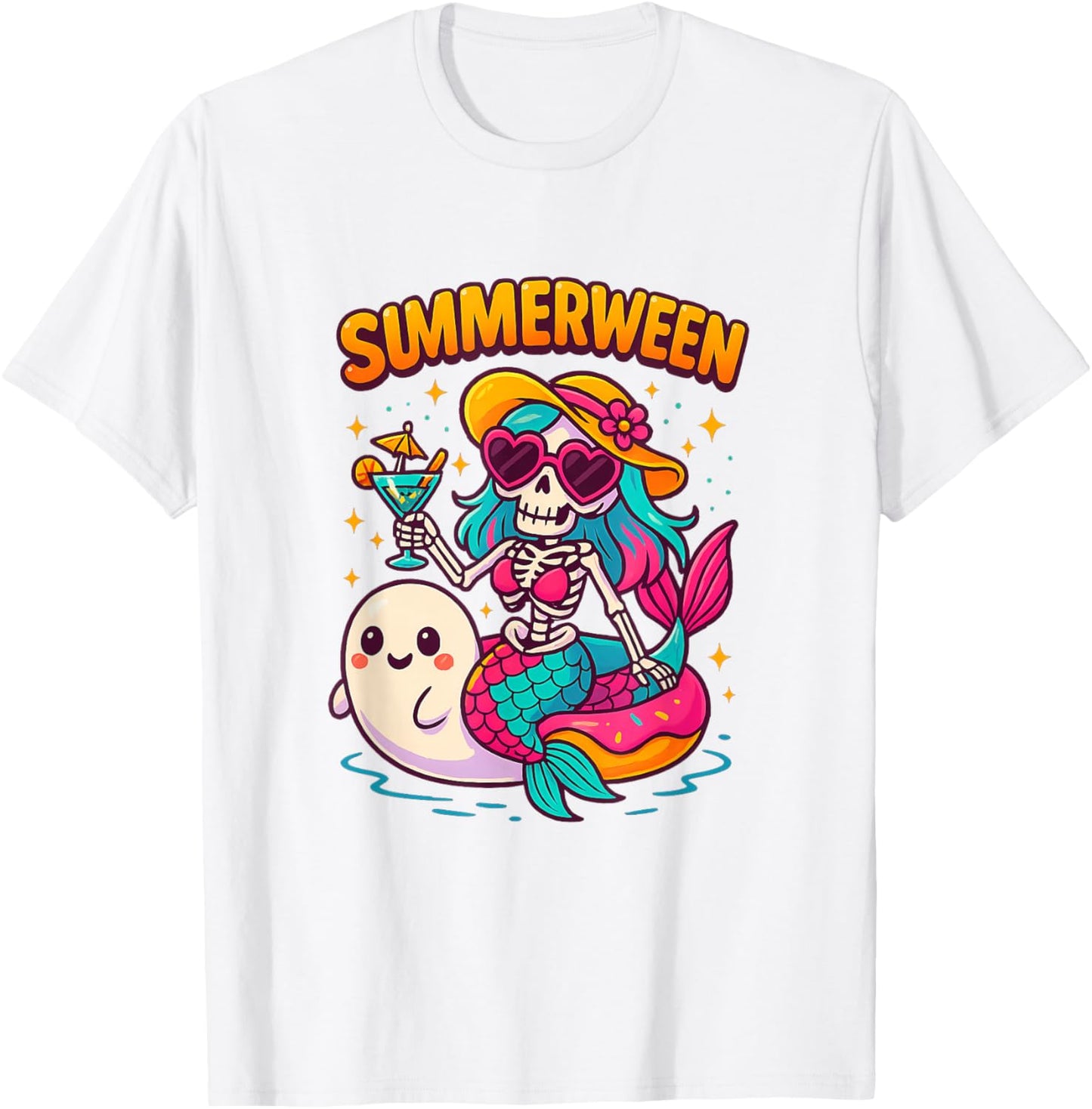 Cute Summerween Mermaid Skeleton Beach Halloween Girl T-Shirt - T-Shirt | White
