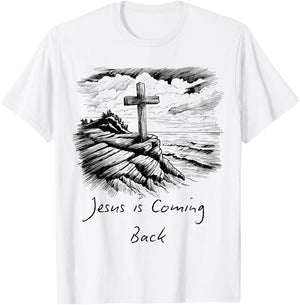 Jesus is coming Back sketch Drawing Cross Christian white T-Shirt - T-Shirt | White