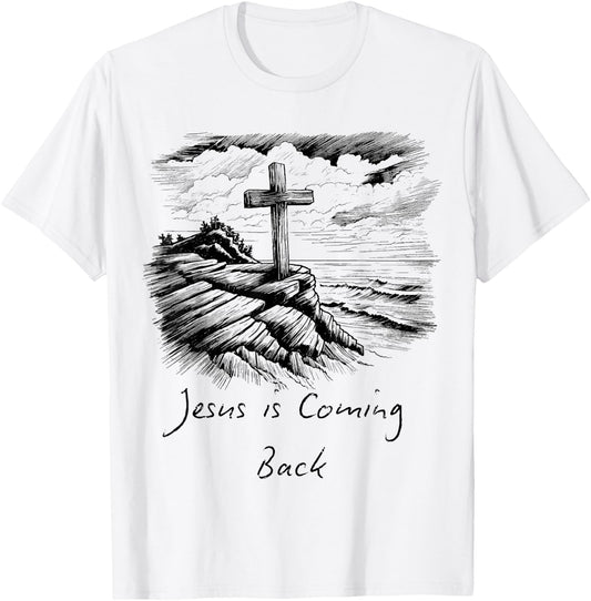 Jesus is coming Back sketch Drawing Cross Christian white T-Shirt - T-Shirt | White