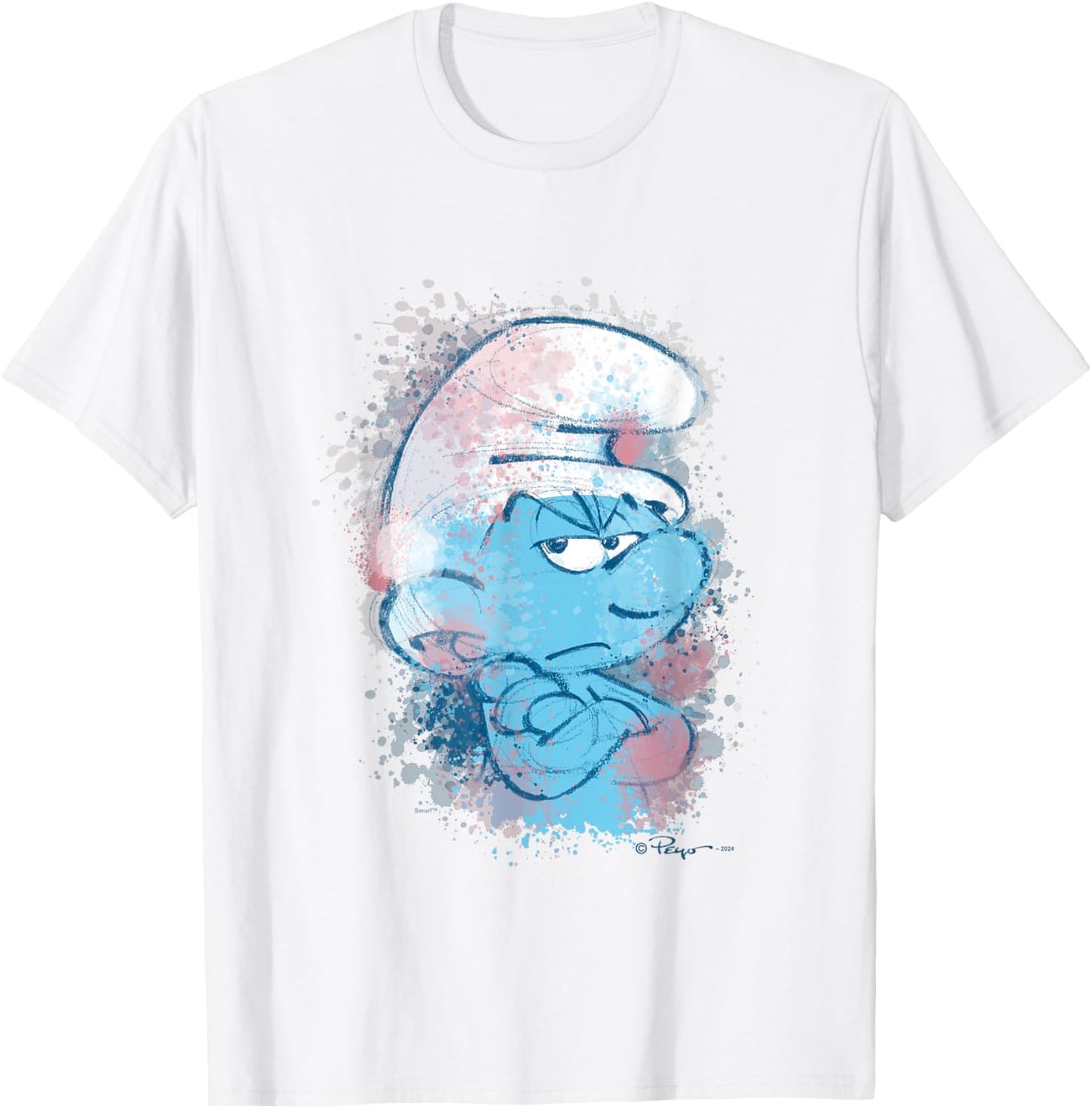 The Smurfs Grouchy Smurf Watercolor Portrait Distressed T-Shirt - T-Shirt | White