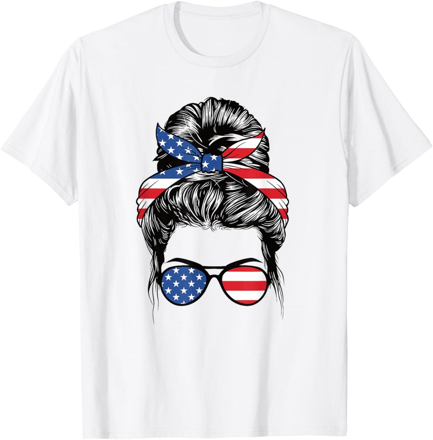 Cute 4th Of July Messy Bun Woman American Flag Patriotic USA T-Shirt - T-Shirt | White