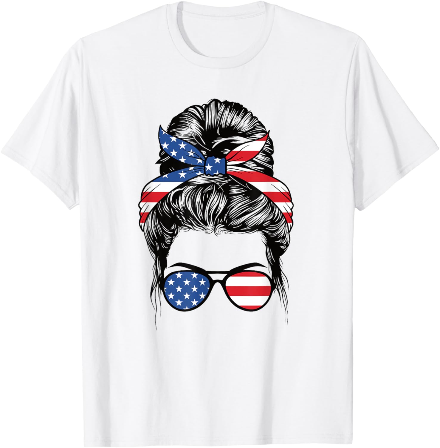 Cute 4th Of July Messy Bun Woman American Flag Patriotic USA T-Shirt - T-Shirt | White
