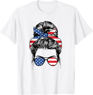 Cute 4th Of July Messy Bun Woman American Flag Patriotic USA T-Shirt - T-Shirt | White