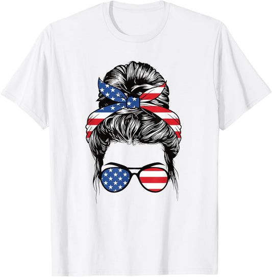 Cute 4th Of July Messy Bun Woman American Flag Patriotic USA T-Shirt - T-Shirt | White
