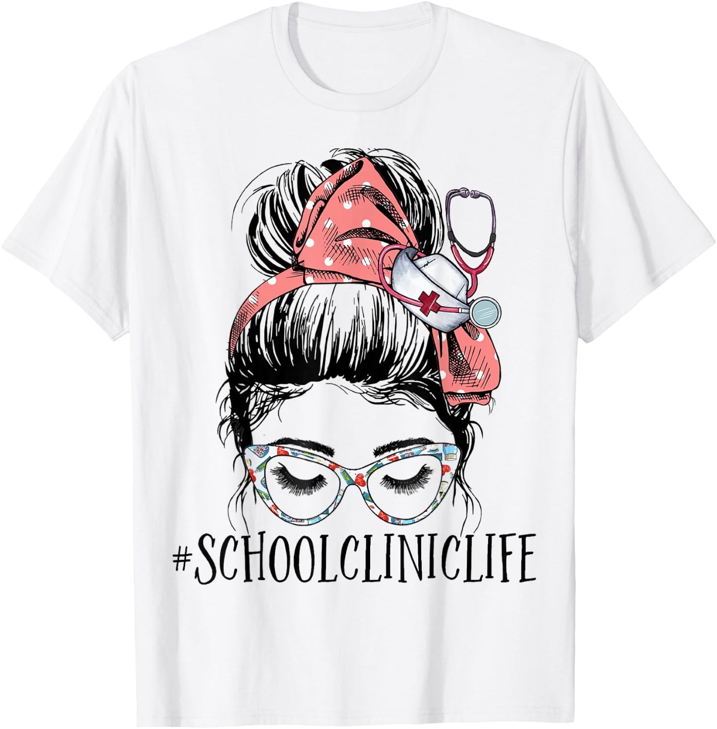 School Clinic Life Funny Messy Bun Woman School Nurse T-Shirt - T-Shirt | White