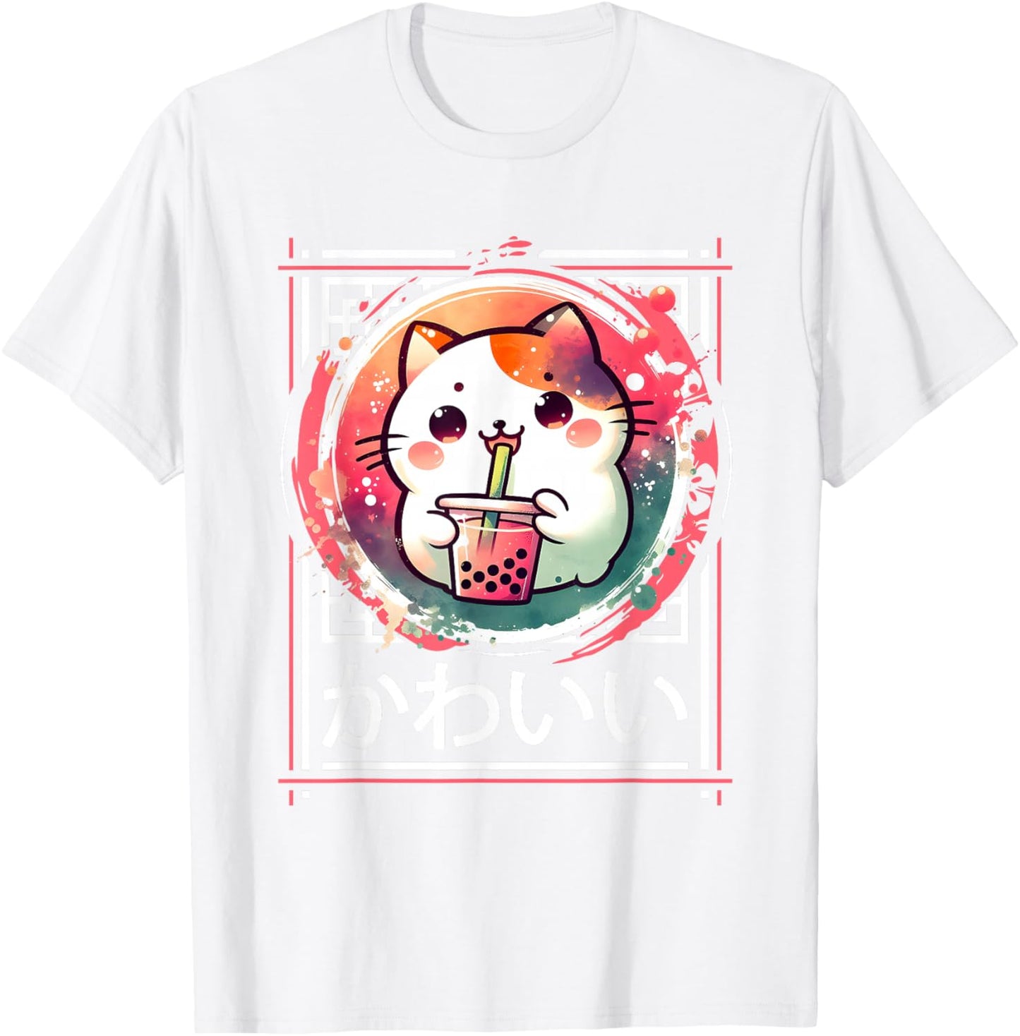 Cute Cat Boba Tea Anime Japanese Kids Teens , Black, S T-Shirt - T-Shirt | White