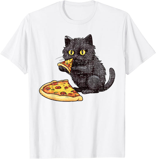 Black Cat Pizza, Kitty Cat Lovers Pizza Slice Watercolor T-Shirt - T-Shirt | White