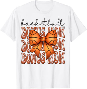 Basketball Bonus Mom Coquette Bow Game Day Groovy T-Shirt - T-Shirt | White