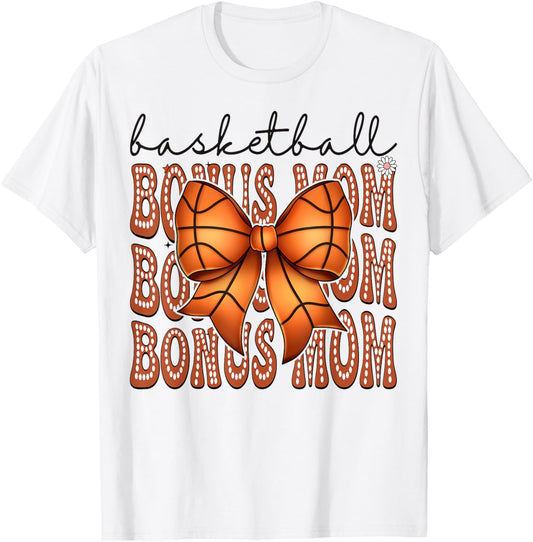 Basketball Bonus Mom Coquette Bow Game Day Groovy T-Shirt - T-Shirt | White