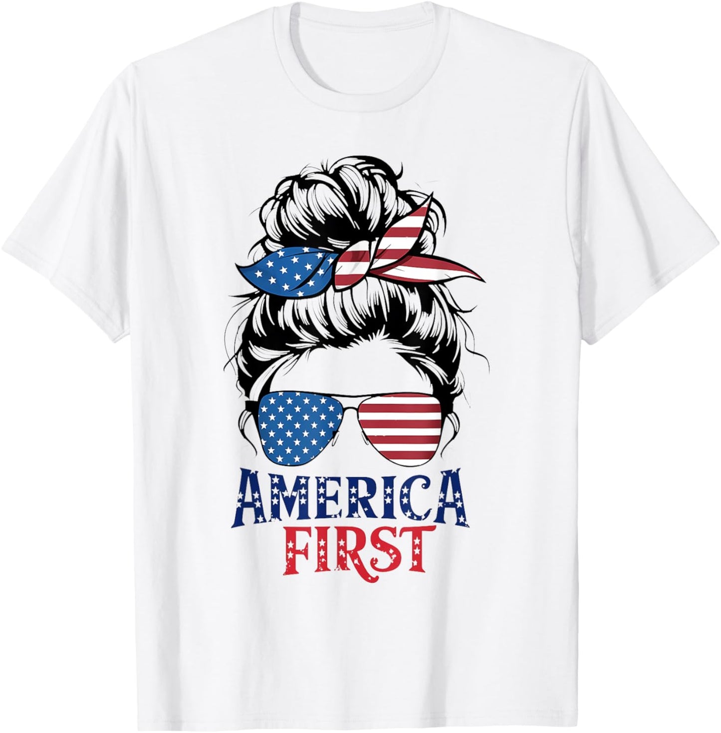 Messy Bunny Hair Girl America First Patriotic American USA T-Shirt - T-Shirt | White