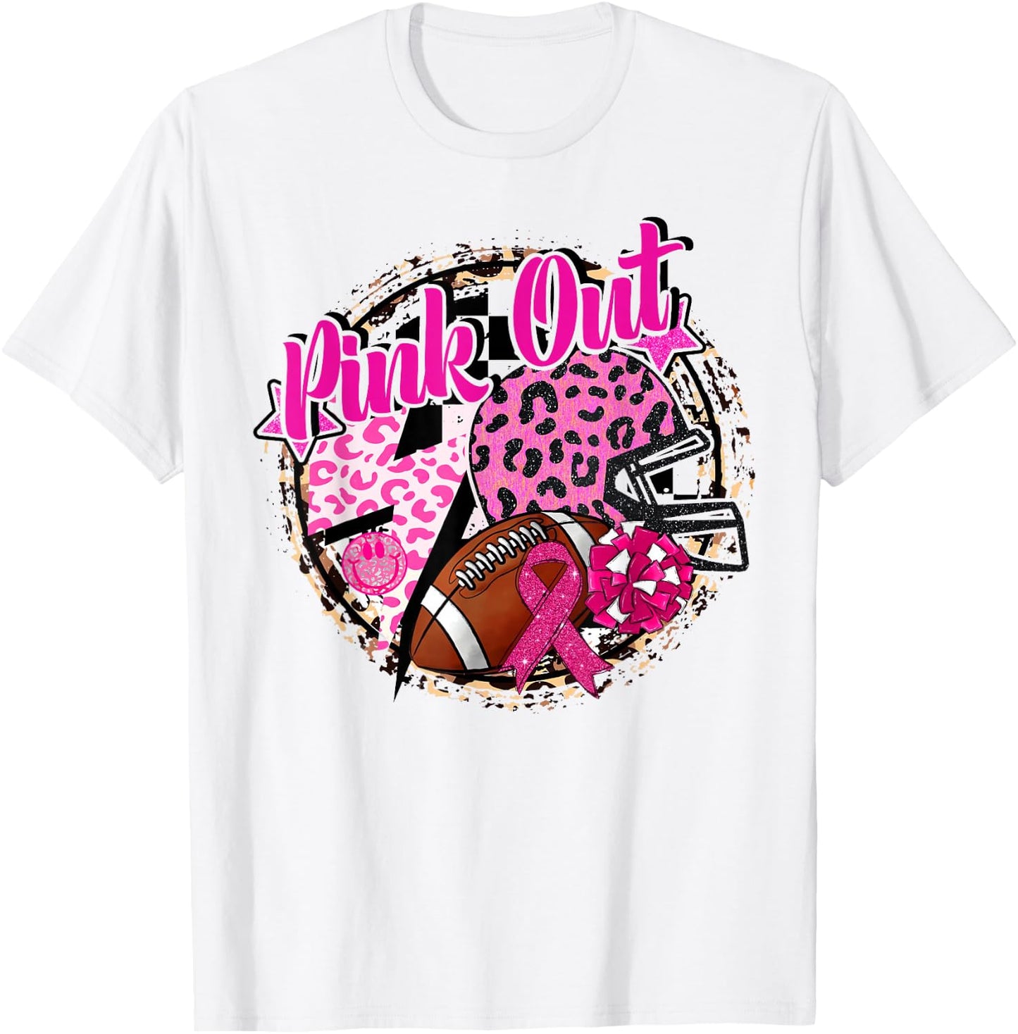Pink Out Cheer Football Pink Ribbon Breast Cancer Awareness T-Shirt - T-Shirt | White