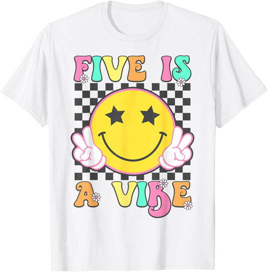Five Is A Vibe Groovy 5 Year Old 5th Birthday T-Shirt - T-Shirt | White