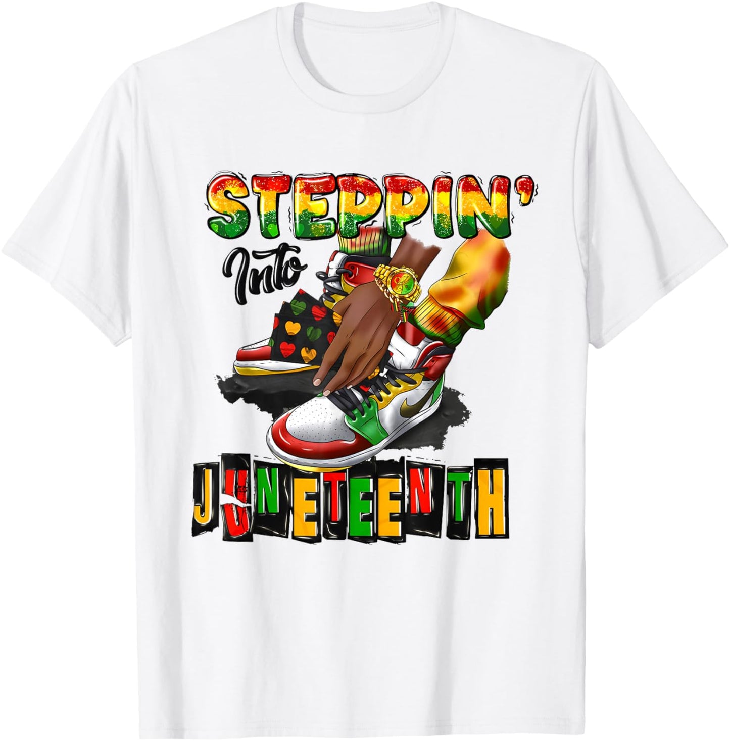 Stepping Into Juneteenth Afro Woman Black Girls Sneakers Men T-Shirt - T-Shirt | White