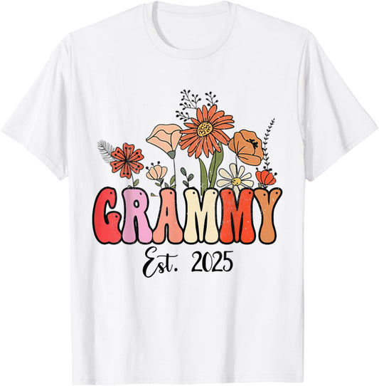 Flowers Groovy Retro Grammy Est 2025 Grammy To Be Gifts T-Shirt - T-Shirt | White
