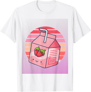 Japanese Pink Strawberry Milk Kawaii 90s Retro T-Shirt - T-Shirt | White
