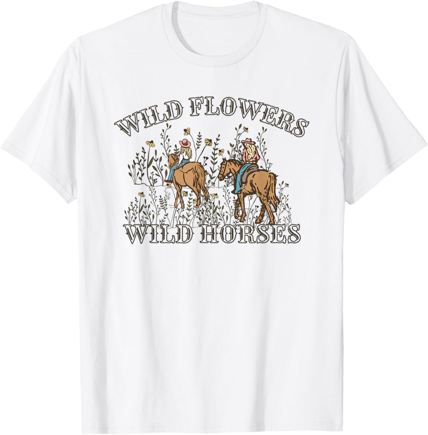 Sunset Cowgirl Riding Horse Wild Flowers - Wild Horses T-Shirt - T-Shirt | White