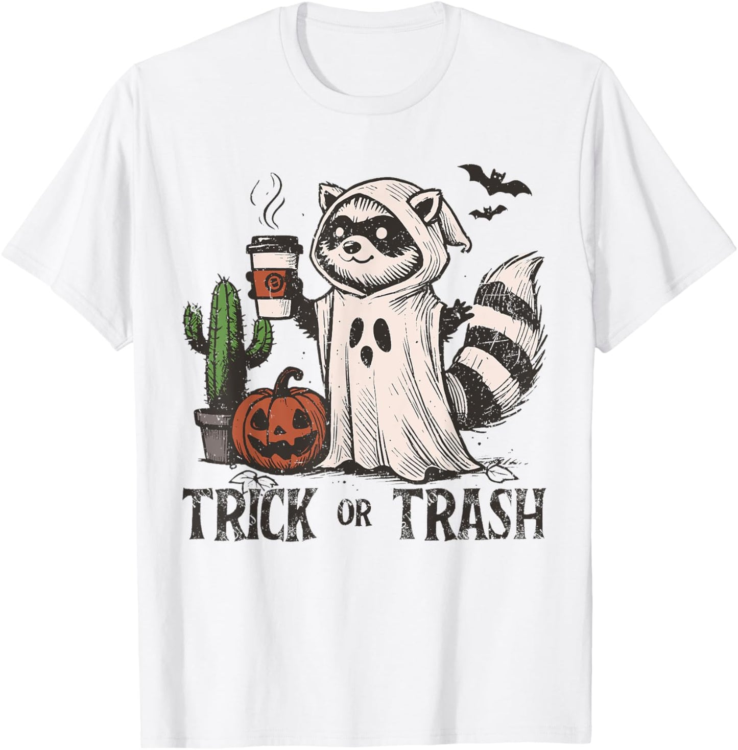 Trick or Trash Funny Coffee Racoon trash panda Halloween T-Shirt - T-Shirt | White