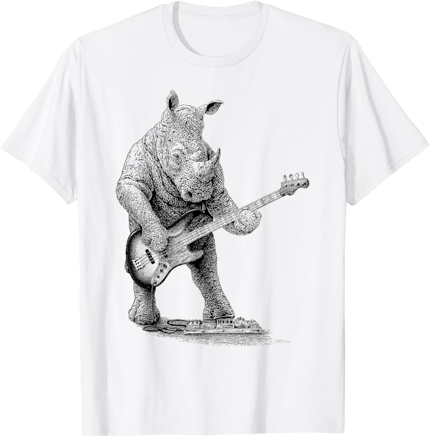 Vintage Rhinoceros Playing Bass Rhino Bass Guitar Funny T-Shirt - T-Shirt | White