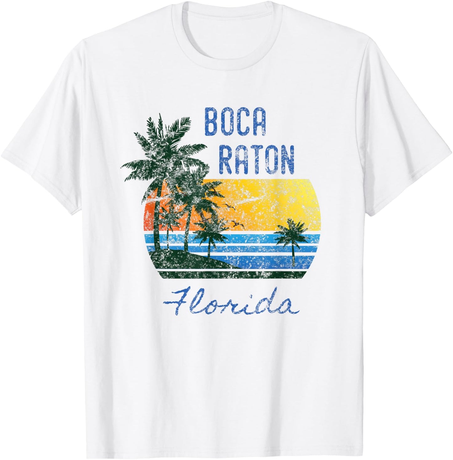 Retro Cool Boca Raton FL Distressed Palm Tree Sunset Novelty T-Shirt - T-Shirt | White