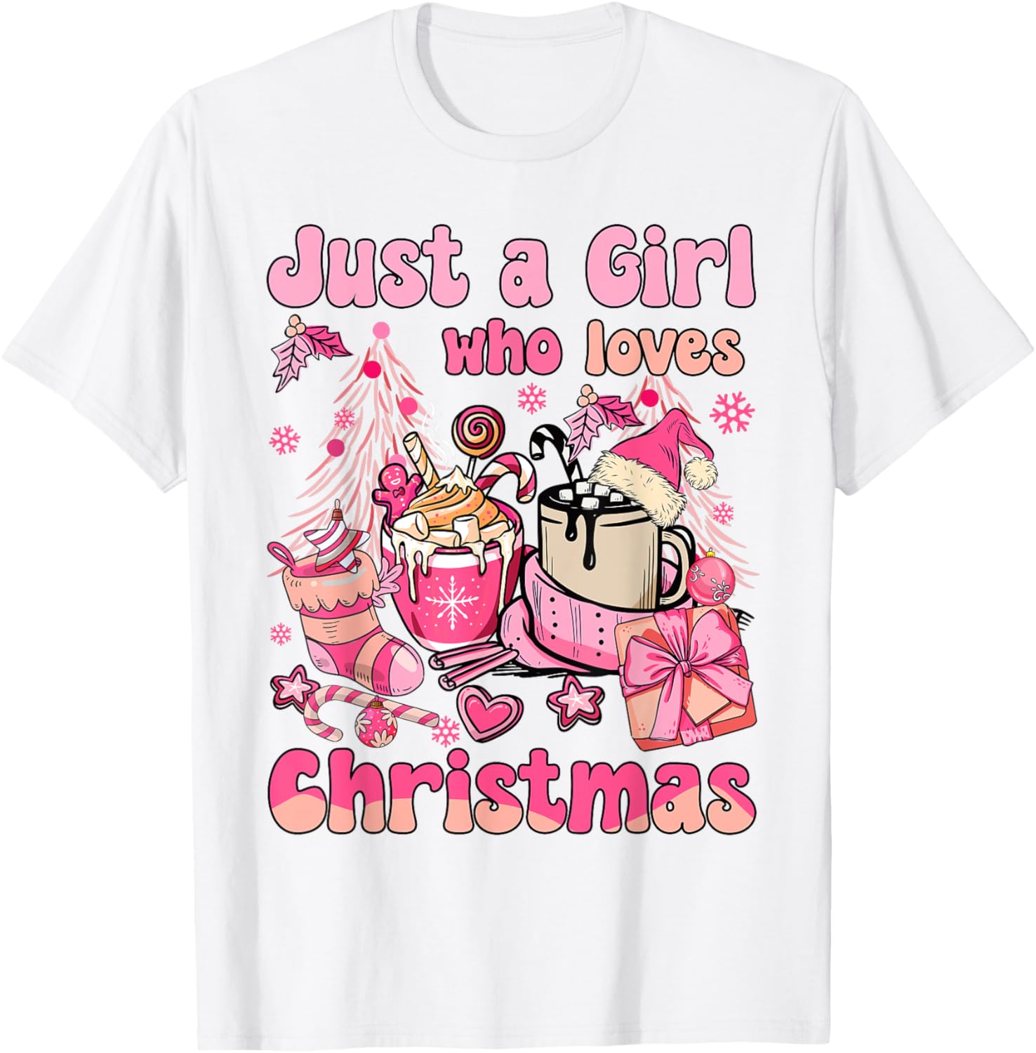 Just A Girl Who Loves Pink Christmas Santa Claus And Coffee T-Shirt - T-Shirt | White