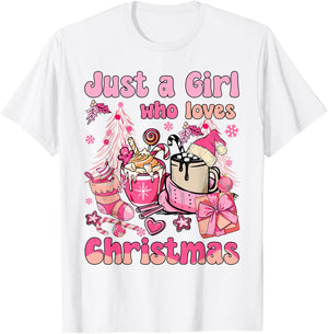 Just A Girl Who Loves Pink Christmas Santa Claus And Coffee T-Shirt - T-Shirt | White