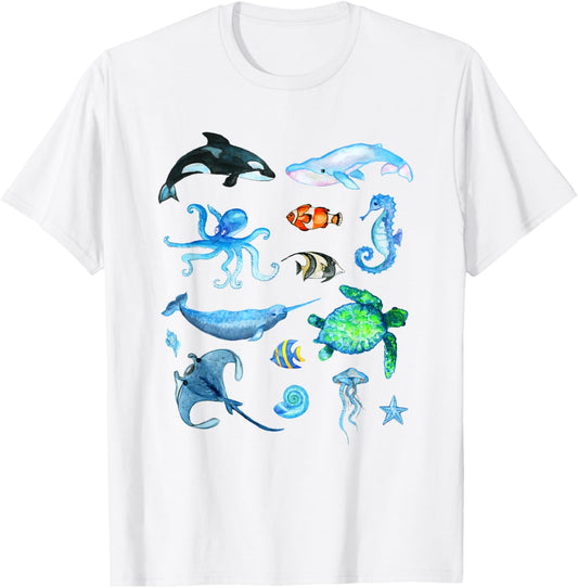Watercolor Sea Animals Kids Ocean Wildlife T-Shirt - T-Shirt | White