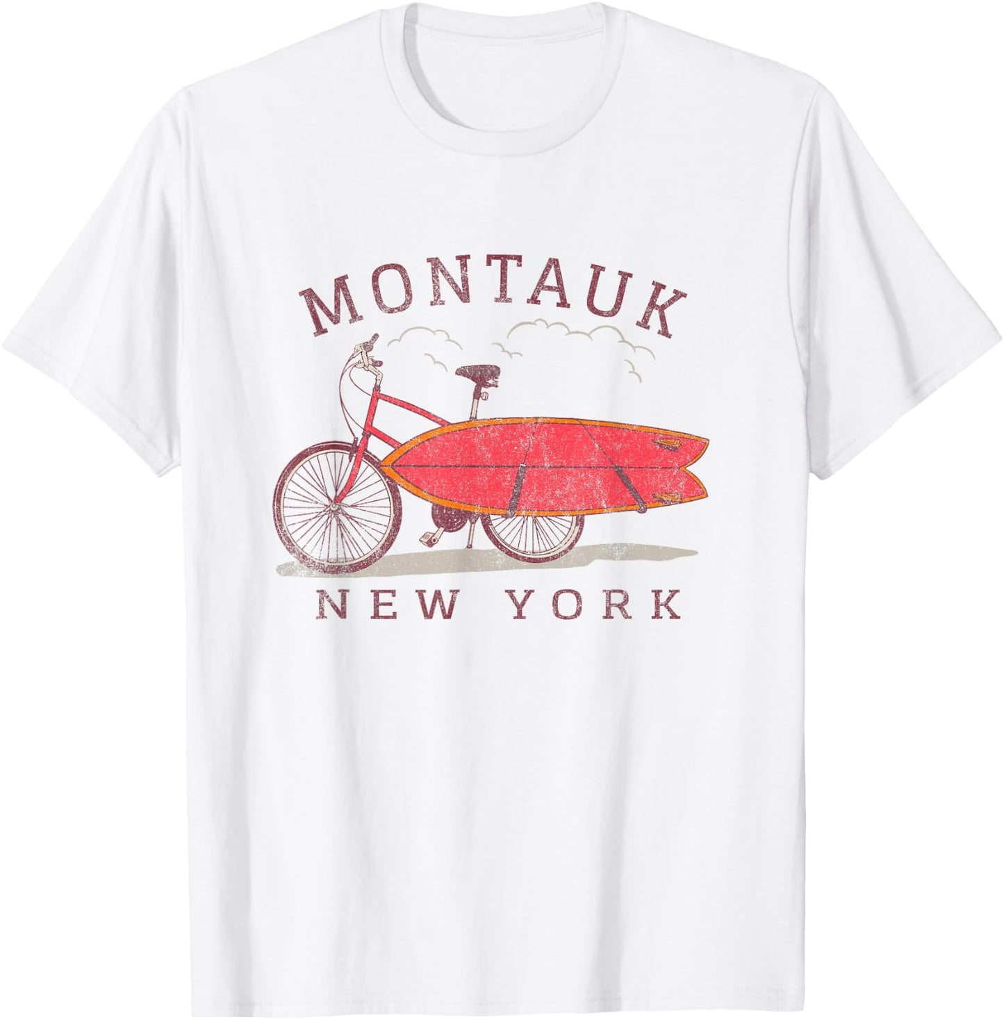 Retro Montauk New York NY Surfing Fan Surfboard Bicycle Art T-Shirt - T-Shirt | White