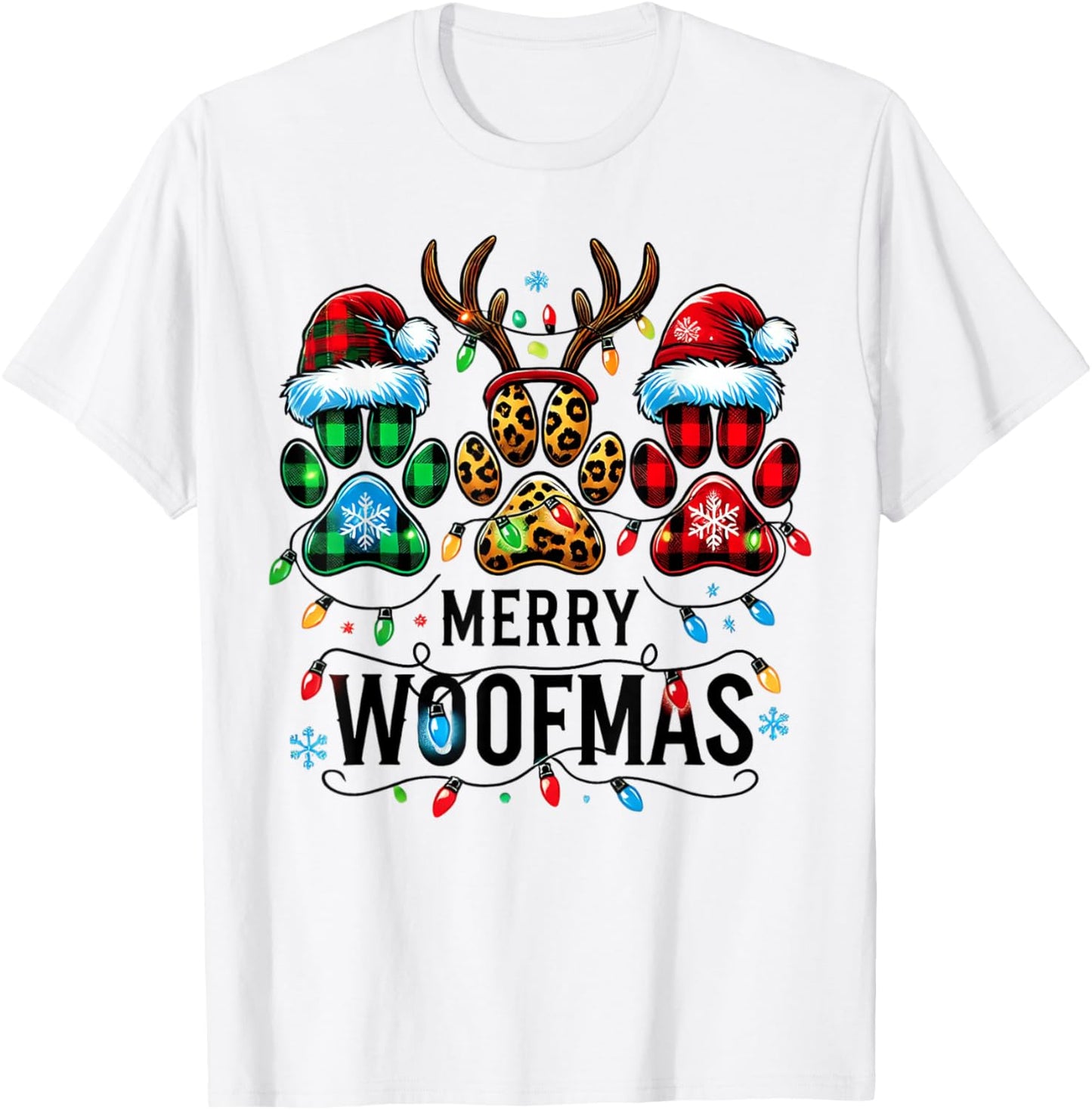 Merry Woofmas Christmas Dog Paws Lights Buffalo Plaid Women T-Shirt - T-Shirt | White