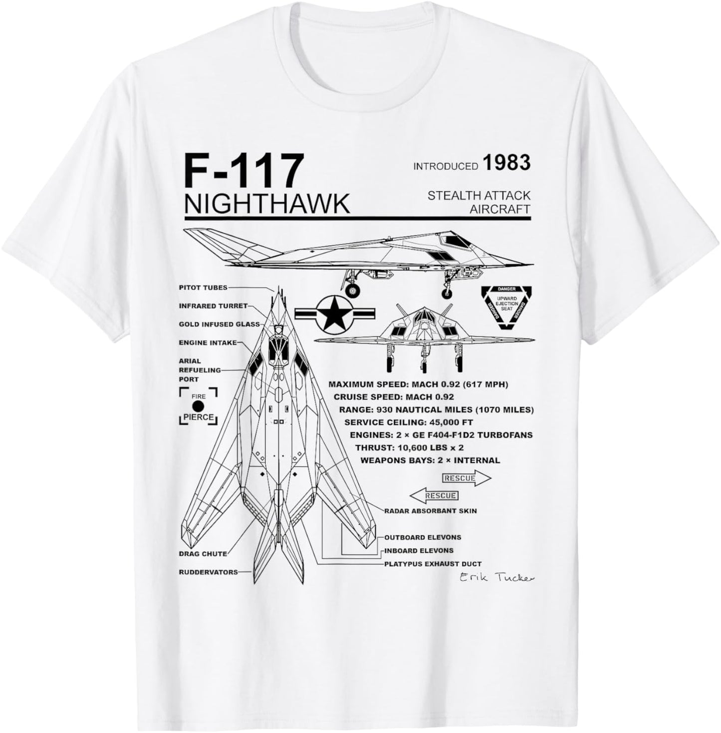 F-117 Nighthawk Stealth Fighter Schematic Infographic T-Shirt - T-Shirt | White