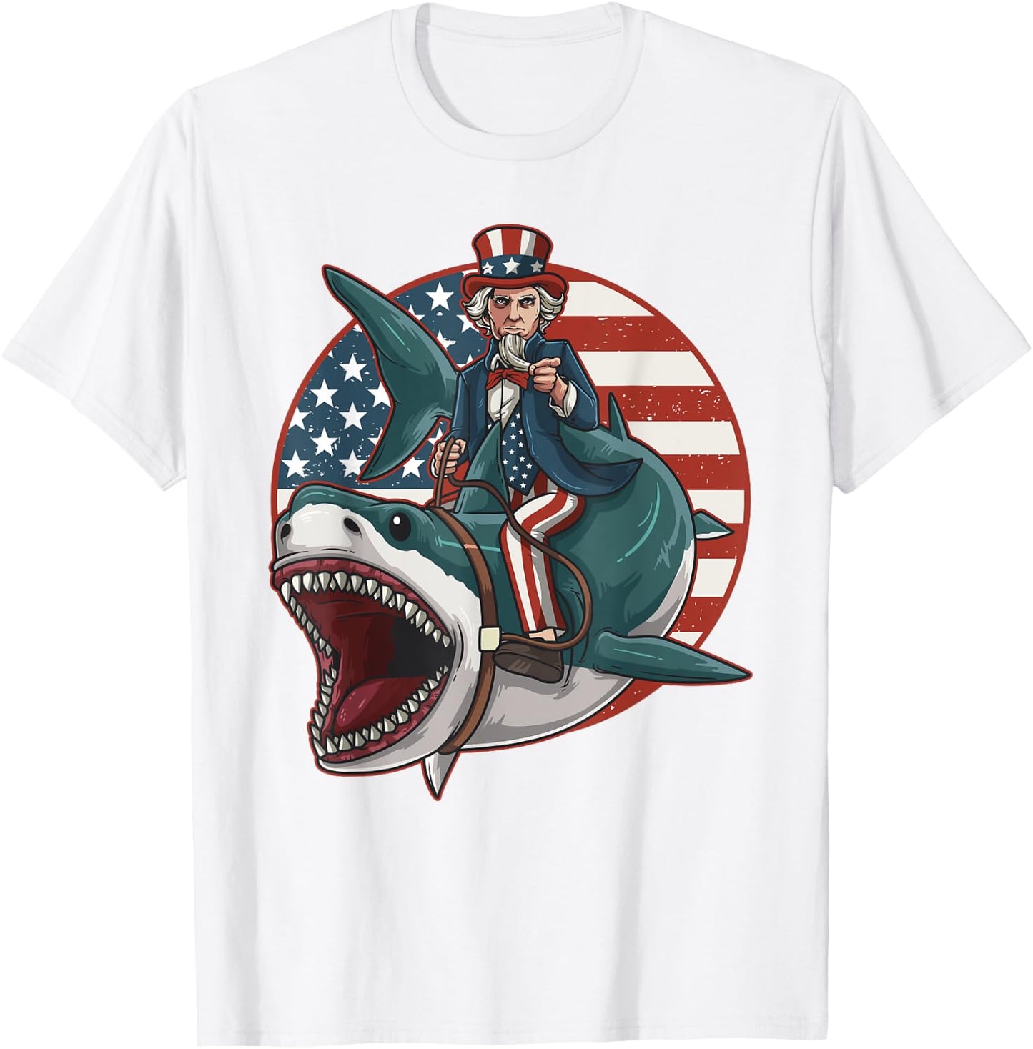 Uncle Sam Riding Great White Shark 4th of July Light T-Shirt - T-Shirt | White